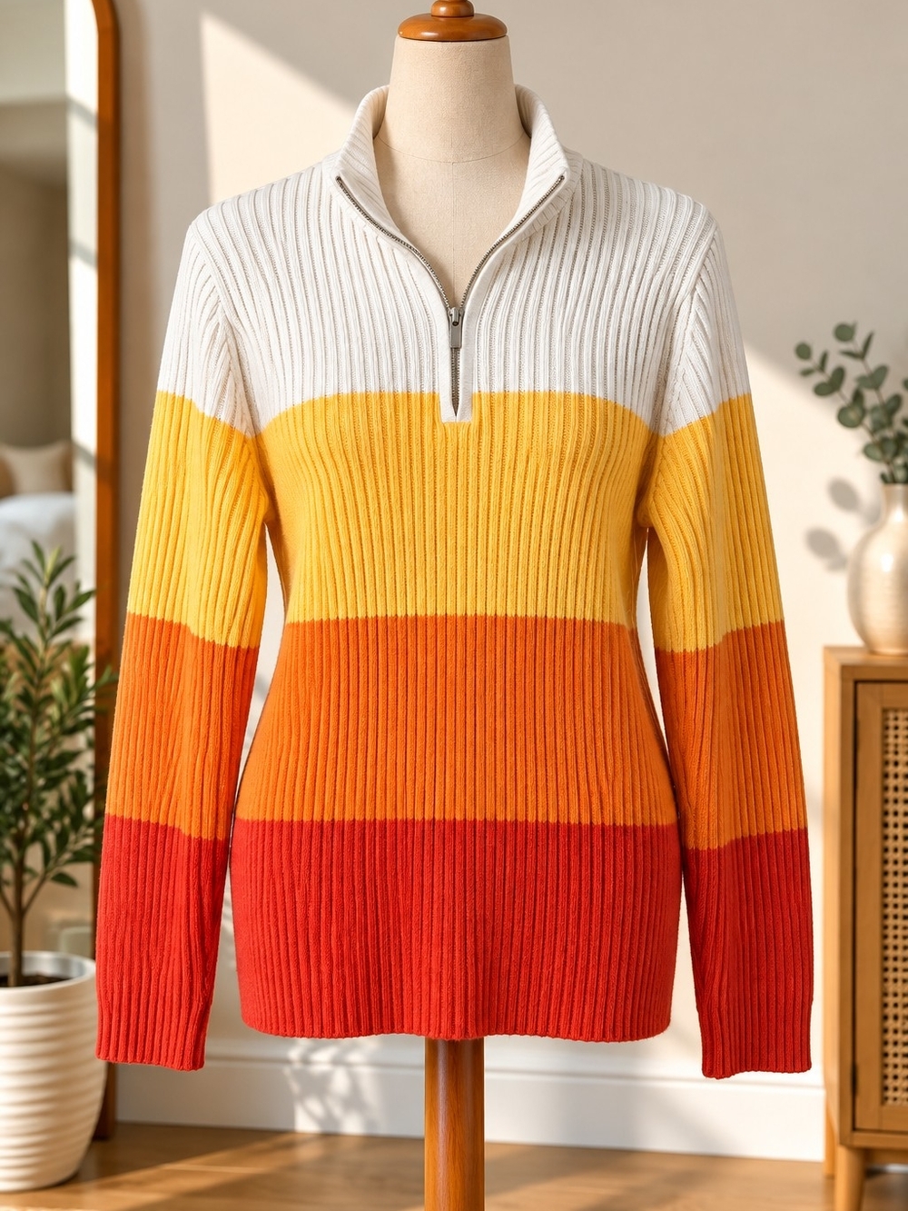 Liz Claiborne White Yellow Orange Red Striped Half-Zip Sweater
